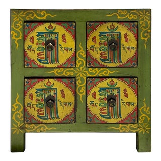 Distressed Green Blue Tibetan Symbol 4 Drawers End Table Nightstand For Sale