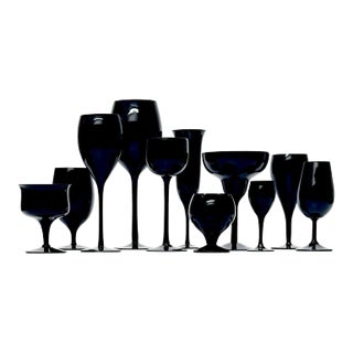 Mid Century Modern Black Glass Stemware Curation - Group of 11 For Sale