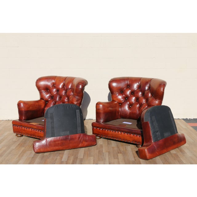 Pair of 1990s Henredon Churchill Tufted Distressed Brown Leather Club Chairs For Sale - Image 17 of 18