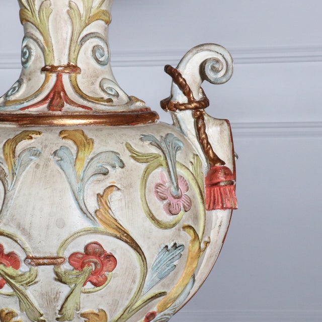 Venetian polychrome and giltwood carved urn lamp with tassels. Tasseled shade. Empire style. Wonderful condition. 10”W x...