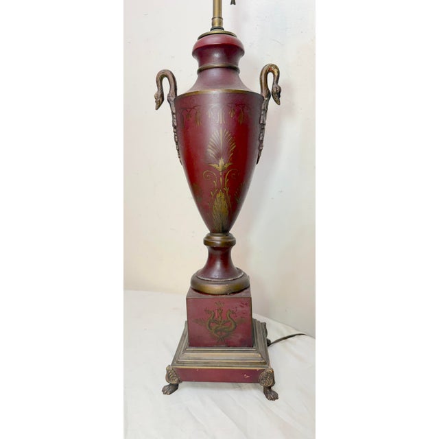 Antique Handmade Painted French Red Tole Toleware Swan Metal Table Lamp Light For Sale - Image 10 of 18