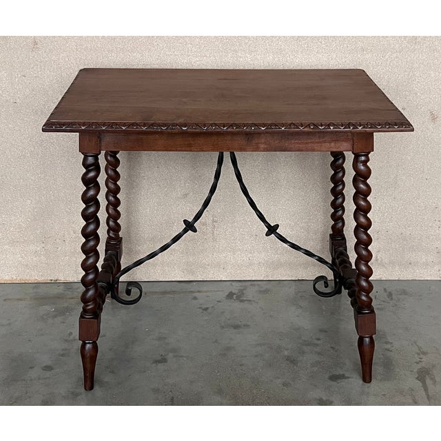 Spanish 19th Spanish Side Table With Cared Turned Legs and Iron Stretcher For Sale - Image 3 of 6