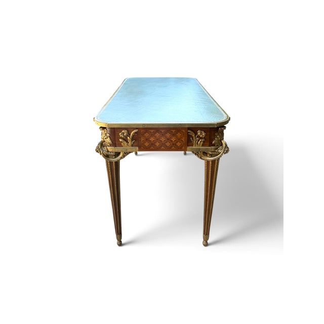 Wood French Louis XVI Marquetry & Gilt-Bronze Bureau Plat Attributed Maison Beurdeley For Sale - Image 7 of 8