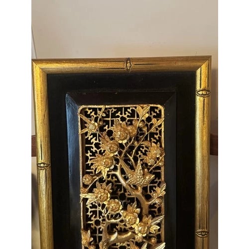 1950s Vintage Chinese Giltwood Carved Relief Wall Hanging With Birds Flowers and Trees For Sale - Image 5 of 10