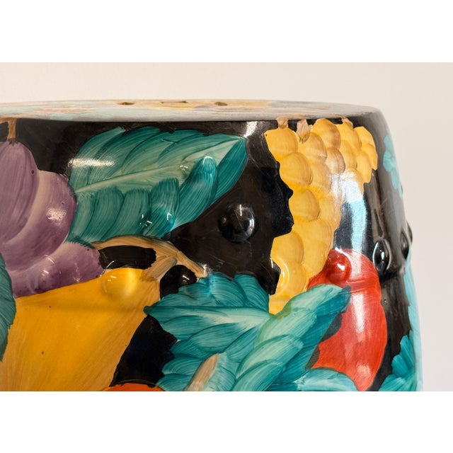 Chinese Chinese Black Ground Polychrome Ceramic Garden Seat / Stool With Fruit Decoration For Sale - Image 3 of 9