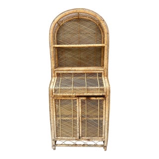1970's Boho Cottage Chic Rattan Wicker Etagere Shelf Unit For Sale