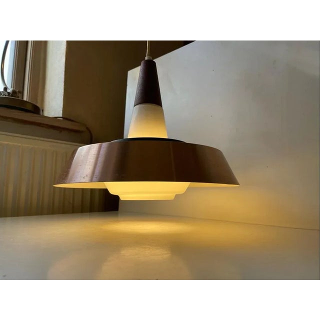 Mid-Century Modern Mid-Century Pendant in Opaline Glass Teak and Copper from Voss, 1960s For Sale - Image 3 of 9