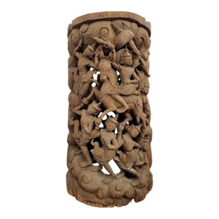 19th-Century Southeast Asian Hand-Carved Teak Temple Pillar Wrap Sculpture For Sale