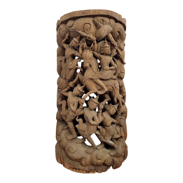19th-Century Southeast Asian Hand-Carved Teak Temple Pillar Wrap Sculpture For Sale