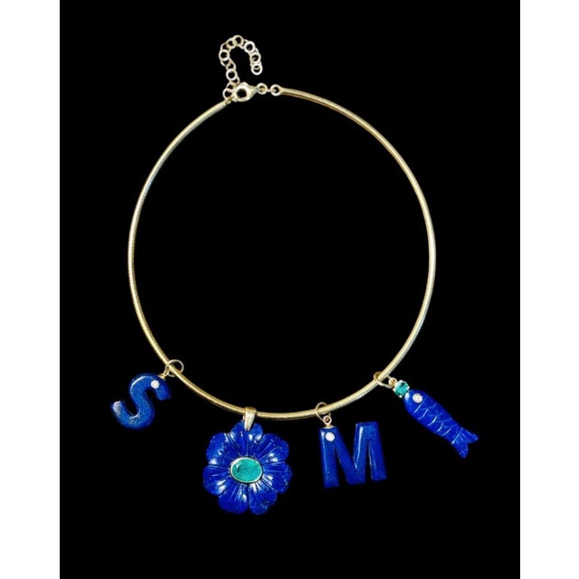 2020s Flora Pendant, Lapis Flower With Emerald & 14k Gold For Sale - Image 5 of 11