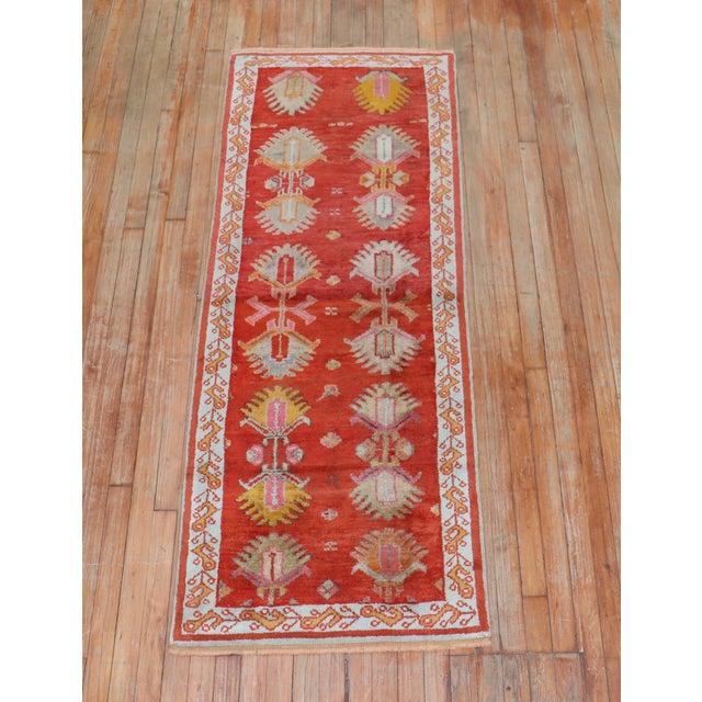 Asian Antique Antique Bright Red Oushak Short Runner - 2'5" x 6'6" For Sale - Image 3 of 11