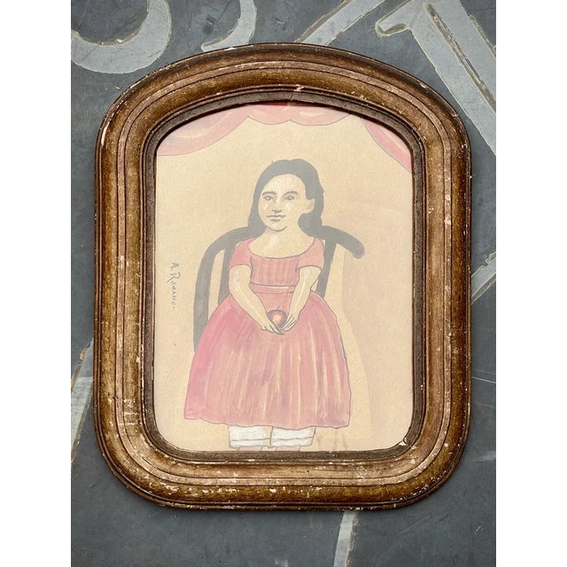 Paint Original Folk Art Watercolor Painting by Antonio Romano Girl With Apple For Sale - Image 7 of 7