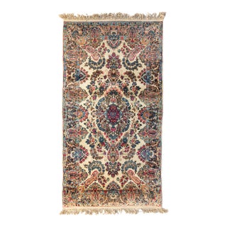 Antique Vintage Persian Ivory Floral Kirman Small Rug, C. 1930s 3.10 X 7 Ft For Sale