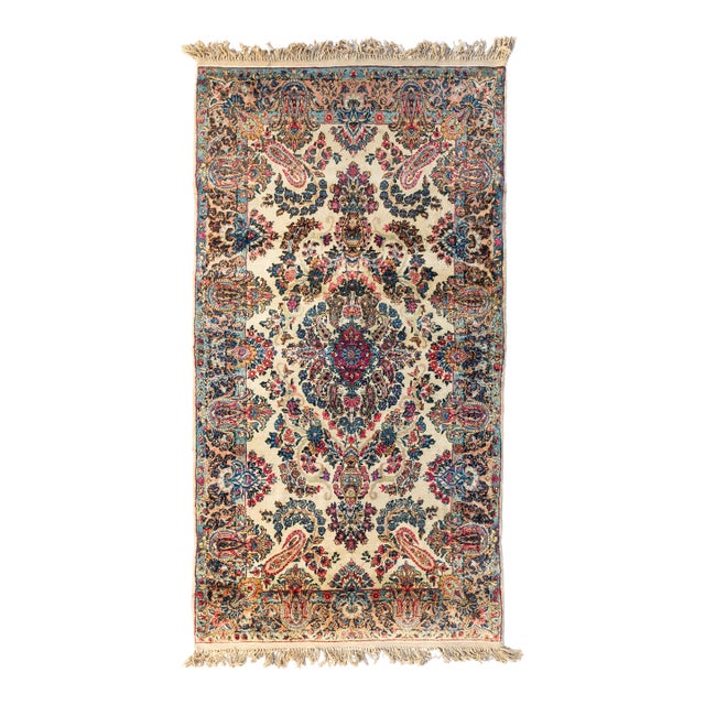 Antique Vintage Persian Ivory Floral Kirman Small Rug, C. 1930s 3.10 X 7 Ft For Sale
