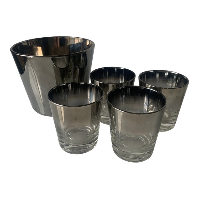 Mid-Century Modern Vitreon Queens Silver Lusterware Old Fashioned Glasses & Ice Bucket Cocktail Set- 5 Pieces For Sale