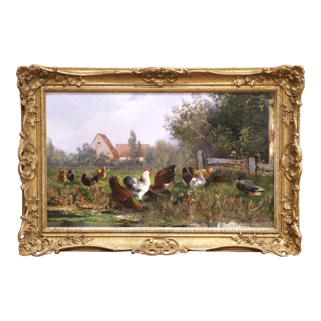 19th Century English Farmyard Oil Painting in Carved Gilt Frame Signed B. Ewald For Sale