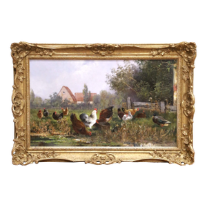 19th Century English Farmyard Oil Painting in Carved Gilt Frame Signed B. Ewald