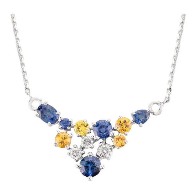 1.99ct Multi Sapphire & Diamond Cluster 14k Gold Pendant Chain Necklace For Sale