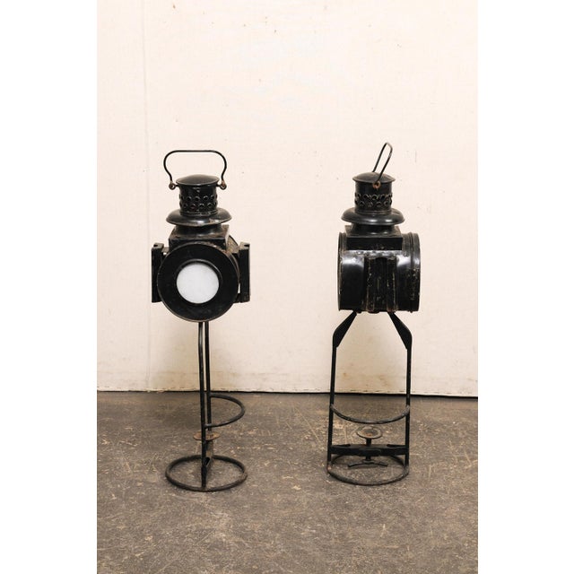 Metal English Antique Pair of Railroad Lanterns For Sale - Image 7 of 11