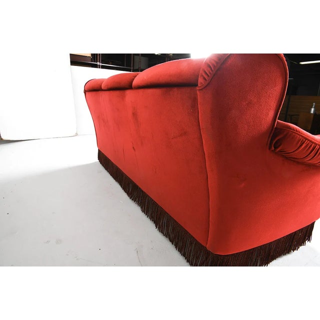 1960s Vintage Scandinavian Red Velour Three-Seat Sofa With Beech Feet For Sale In Philadelphia - Image 6 of 10