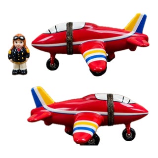 Red Airplane Porcelain Hinged Trinket Box With Miniature Pilot For Sale