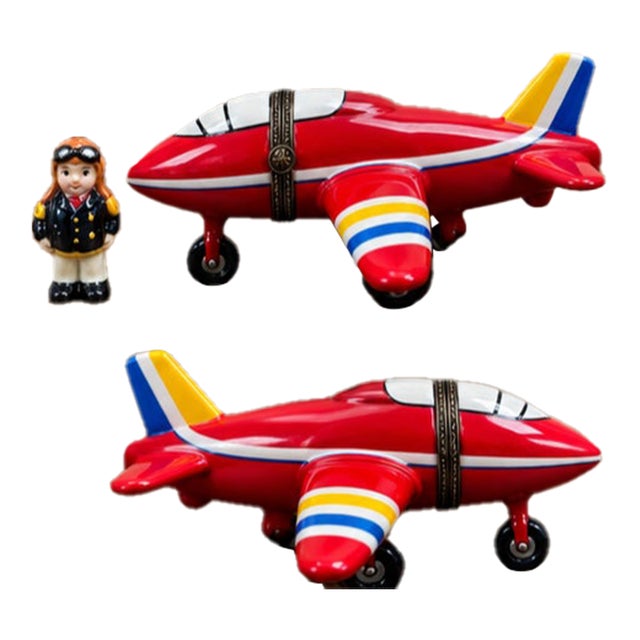Red Airplane Porcelain Hinged Trinket Box With Miniature Pilot For Sale