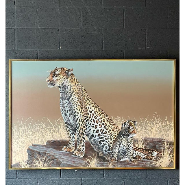 Hollywood Regency Vintage Monumental Original Oil Painting of Cheetahs For Sale - Image 3 of 11
