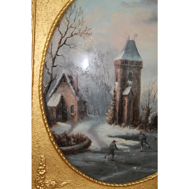 Glass 18th-Century Dutch Églomisé Painting – Reverse Glass Art With Gilding | 21x24 Inches | Framed – Winter Landscape – 21"x24" – Ornate Gilded Frame For Sale - Image 7 of 9