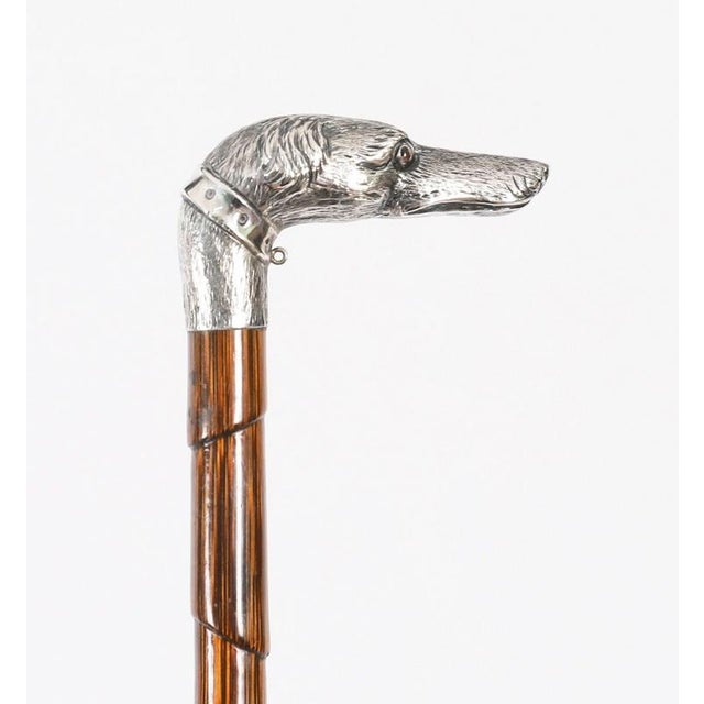 Gold Antique Greyhound Head Sliver Handled Walking Stick Cane, 1890s For Sale - Image 8 of 12