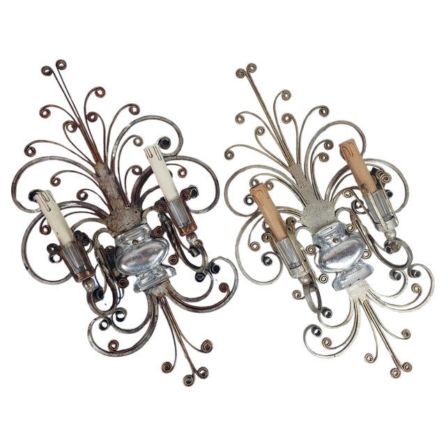 Silvered Wrought Iron and Glass Wall Lights attributed to Banci, Italy, 1940s, Set of 2 For Sale