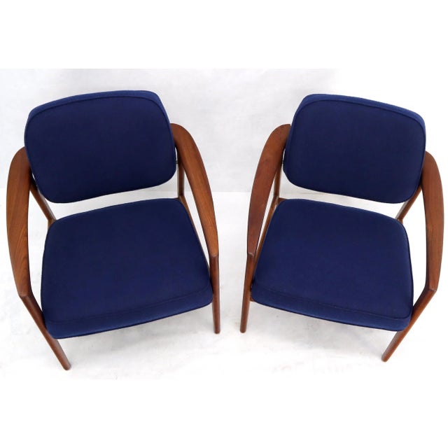 Pair of New Blue Upholstery Teak Danish Mid-Century Modern Arm Lounge Chairs For Sale - Image 11 of 13