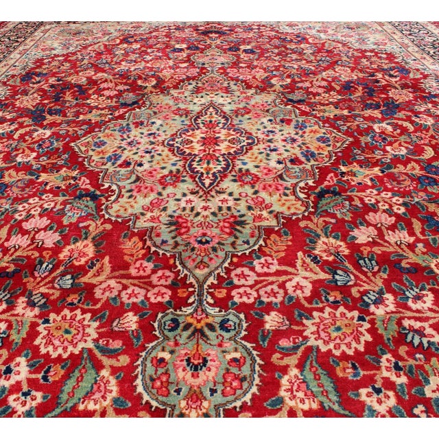 Red Vintage Mashad Rug With Floral Medallion Design in Red and Cream For Sale - Image 8 of 11
