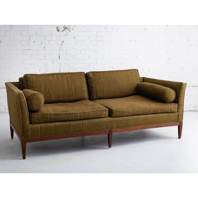 James Mont style mid-century loveseat sofa in olive green upholstery with wood frame. Excellent candidate for...