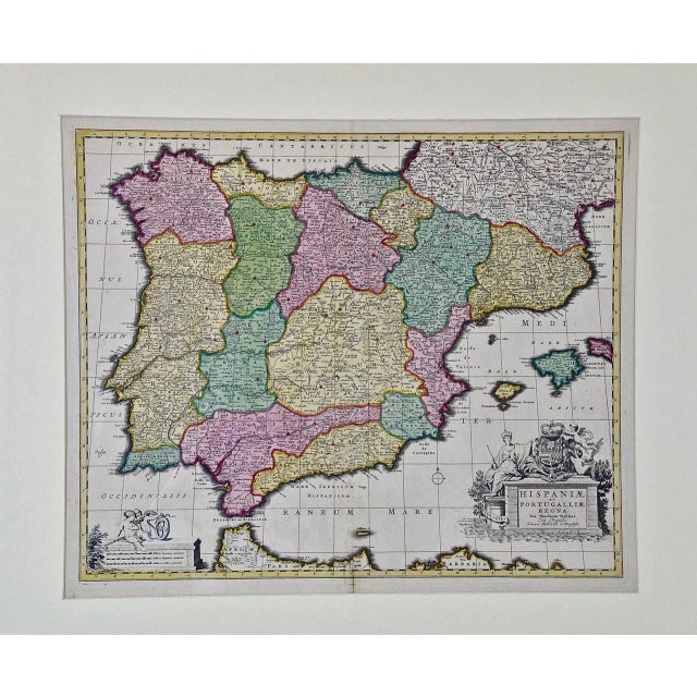 This is an early 18th century map of Spain and Portugal, with attractive original hand-coloring, entitled "Hispaniae et...