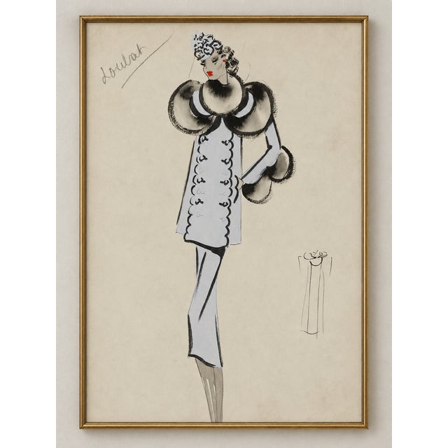 This vintage French fashion art print features an Art Deco woman in a pale blue ensemble with dramatic gray fur trim. Made...