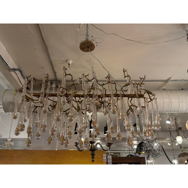 Contemporary Branch Form Gilt Metal + Glass Droplets Chandelier For Sale - Image 3 of 12