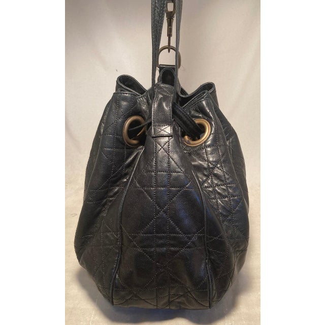 Early 21st Century Christian Dior Black Leather Cannage Drawstring Shoulder Bag For Sale - Image 5 of 11