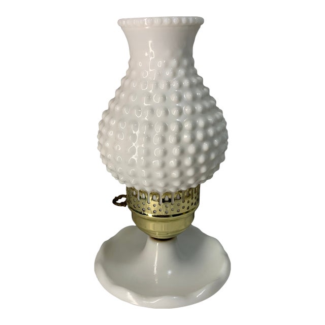 Vintage White Hobnail Milk Glass Hurricane Boudoir Lamp For Sale