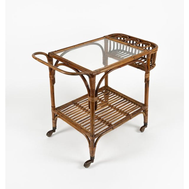 Mid-Century Bamboo, Rattan and Glass Serving Bar Cart in the style of Franco Albini, Italy, 1960s For Sale - Image 10 of 18