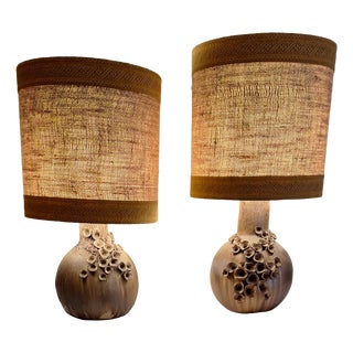 Vintage Table Lamps with Brown Ceramic Bases and Fabric Shades, 1970s, Set of 2 For Sale