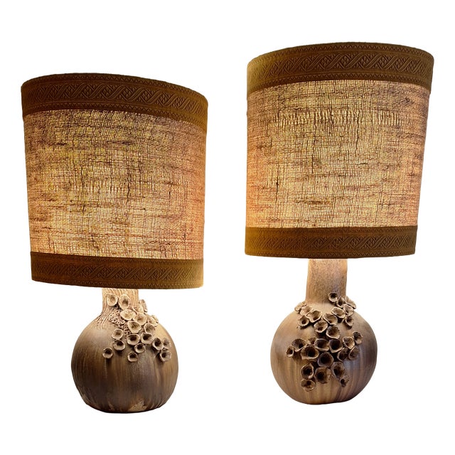 Vintage Table Lamps with Brown Ceramic Bases and Fabric Shades, 1970s, Set of 2 For Sale