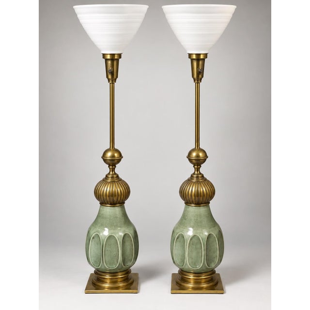 1950s 1950s Stiffel Crackle Glaze Ceramic and Brass Moorish Style Table Lamps - a Pair For Sale - Image 5 of 5