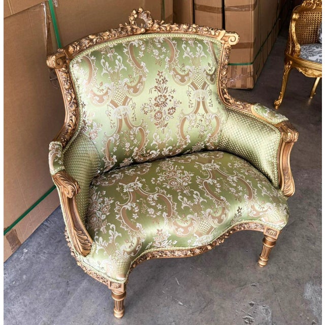 This exquisite Italian-style chair has been beautifully refinished and reupholstered in a luxurious designer damask fabric...
