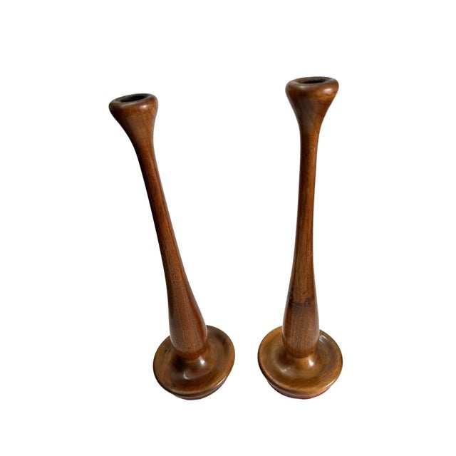 Mid Century Modern Teak Candle Sticks For Sale - Image 4 of 11