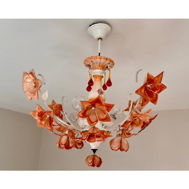 Vintage Italian Murano Style Amber Brown Floral Chandelier - Porcelain Body With Crystal Teardrops For Sale - Image 9 of 18