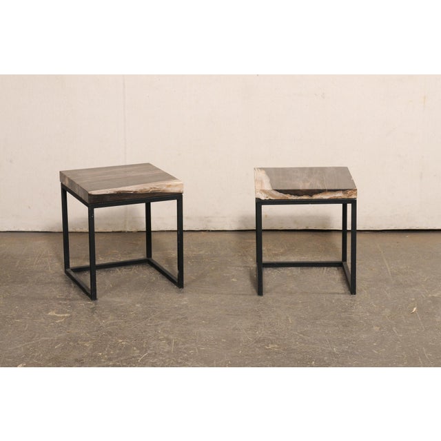 Contemporary Black & Tan Petrified Wood Top Side Tables - A Pair For Sale - Image 3 of 11