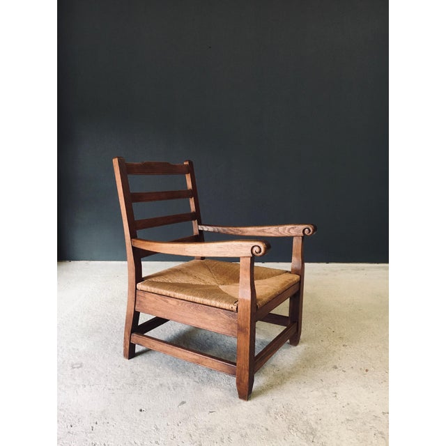 Brown Rustic Oak & Rush Armchair, France, 1930s For Sale - Image 8 of 18
