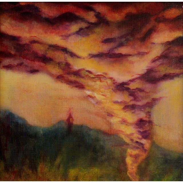 Restless portrays a dynamic sky filled with swirling clouds in shades of red and orange, evoking a sense of tumult and...