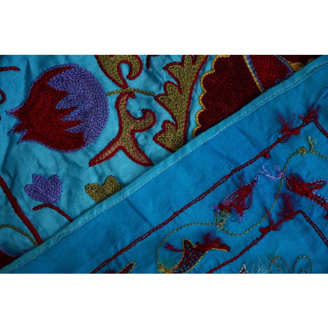 Blue Uzbek Suzani Wall Art – Camel & Floral Motif Embroidery 3'4'' X 6'2'' For Sale - Image 12 of 13