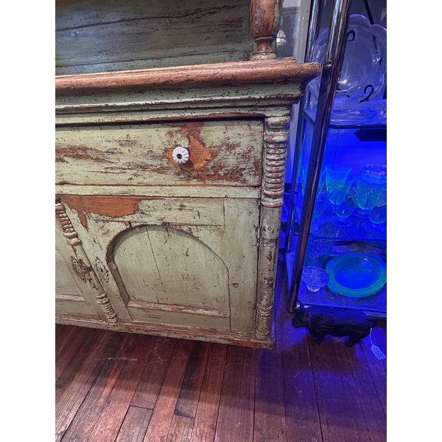 Antique Country Celadon Green Painted Distressed Stepback Cupboard Cabinet For Sale - Image 4 of 18
